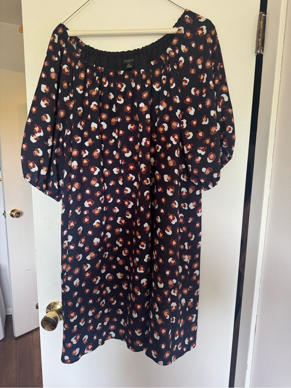Ann Taylor Black Off-Shoulder Petite Midi Dress with Leopard/Cheetah print